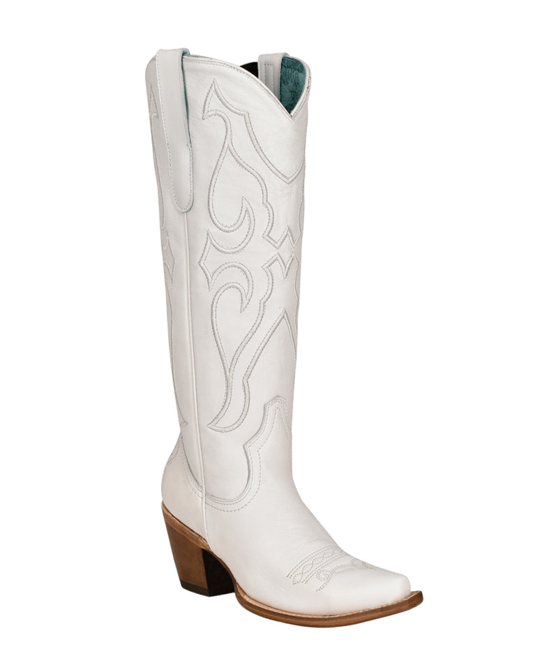 Women's Corral White Genuine Leather Boots with Pure Matching Stitch Pattern & Inlay Pullstraps