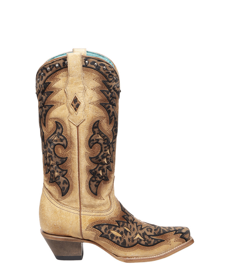 Women's Corral Straw Genuine Leather Boots with /BROWN Laser & Embroidery & Studs