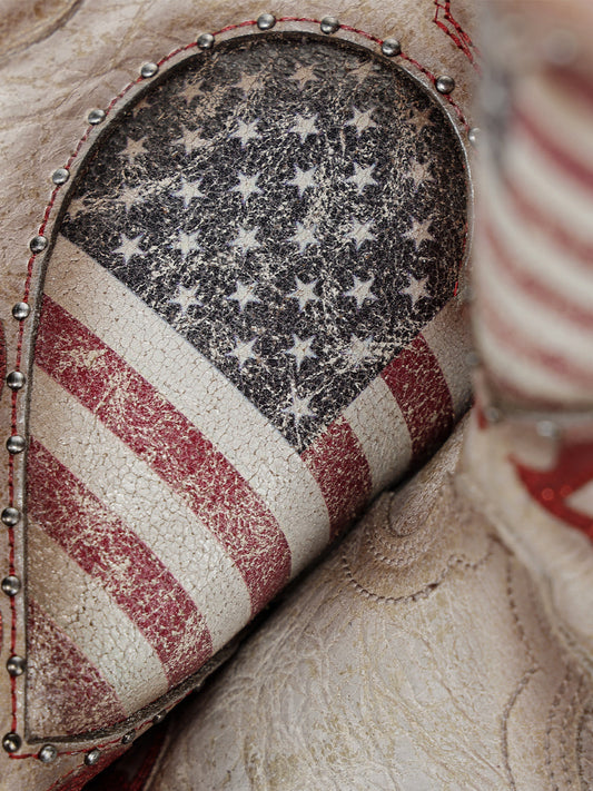 Women's Corral White Genuine Leather Boots with Patriotic Heart Inlay and Overlay Glitter Cowboy Boot