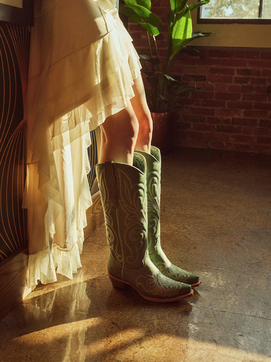 Women's Corral Aqua Genuine Leather Boots with Curved Embroidery Pattern Tall Top
