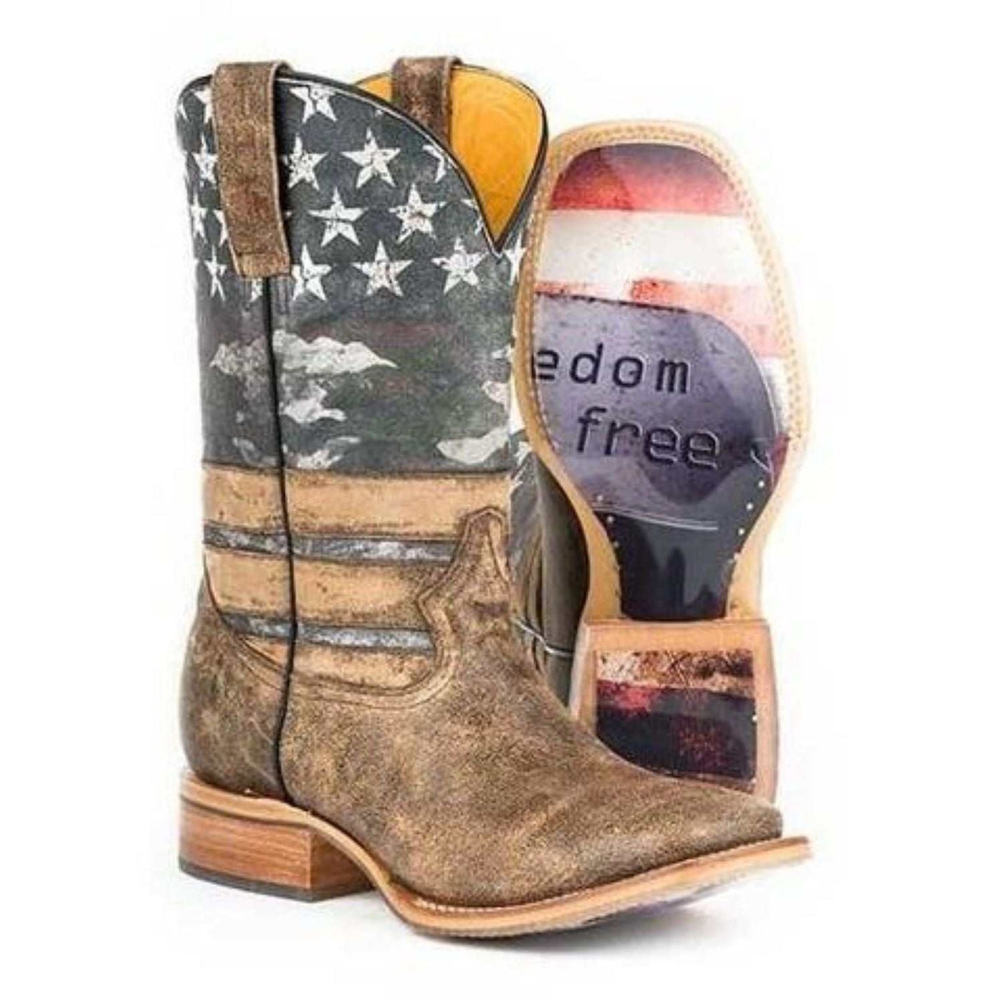 Handcrafted men's Tin Haul freedom boots with dog tag sole in brown premium leather