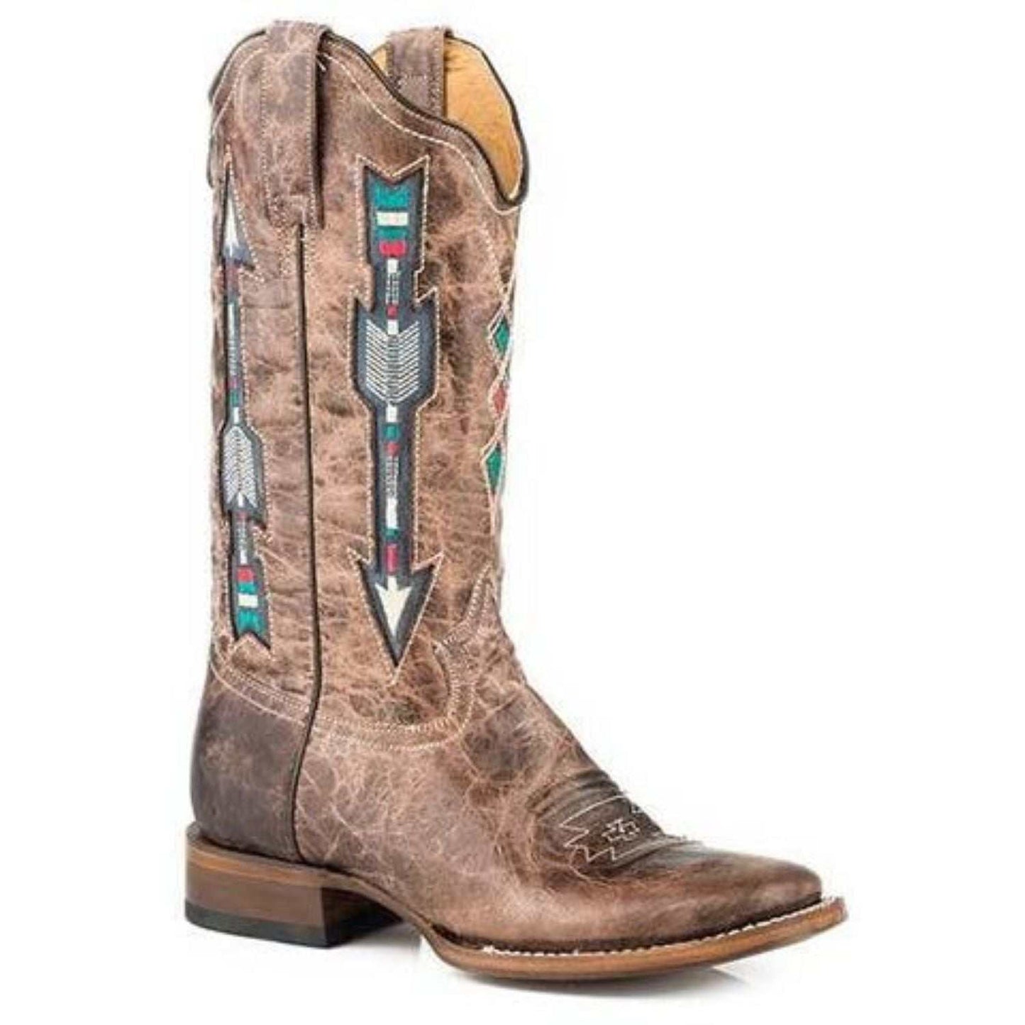 Women’s Roper Arrows Square Toe Boots Handcrafted Brown - yeehawcowboy