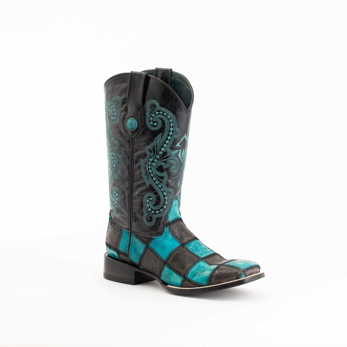 Men's Ferrini Patchwork Leather Boots black teal handcrafted square toe 13 inch height block heel