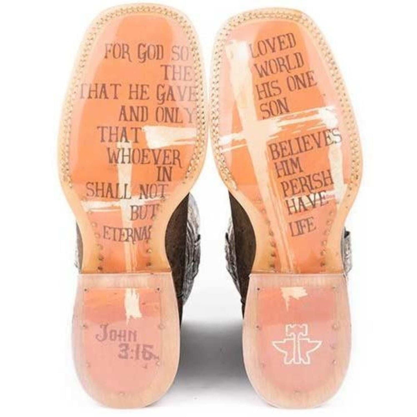 Handmade brown Women's Tin Haul Boots with 11-inch leather shaft and Bible verse sole, square toe, and walking heel