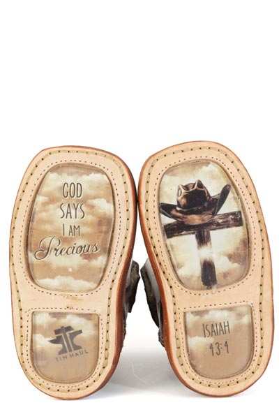 Baby Tin Haul Church Cross Boots with tan leather soles, printed cross, cowboy hat and scripture designs