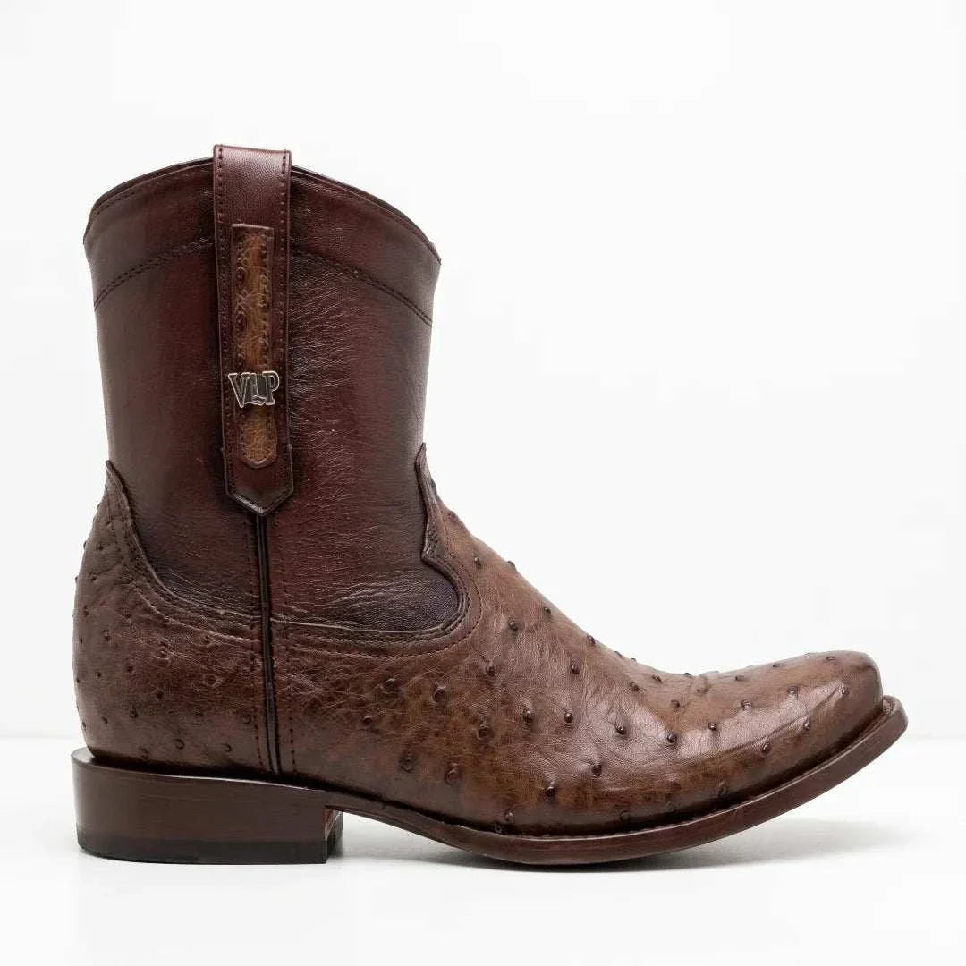 Men's El Malcreado Moy Tobacco Genuine Full Quill Ostrich Botin Boots Handmade