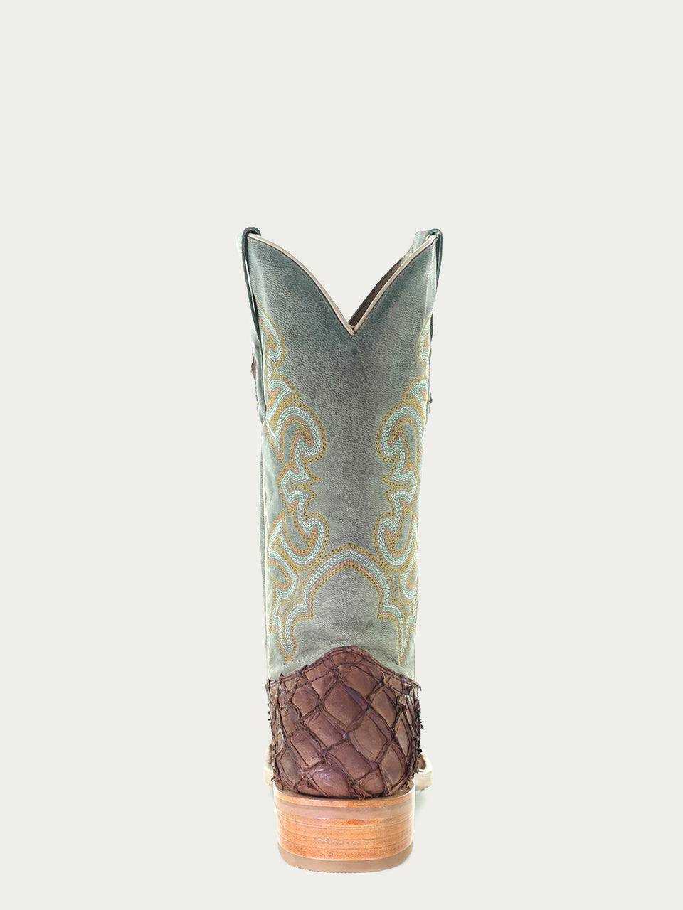 Corral Brown Genuine Pirarucu Fish Boots featuring brown pirarucu fish foot and tall turquoise embroidered shaft with pull-on straps