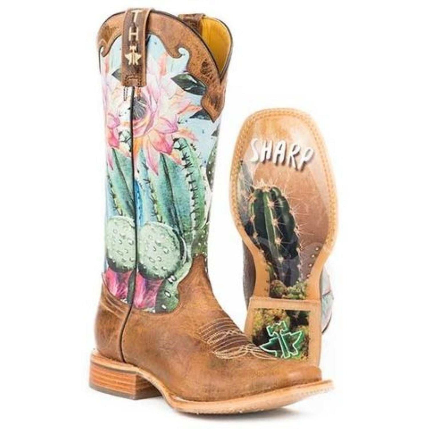 Handmade brown Women's Tin Haul Boots with Cactilicious design and Looking Sharp sole