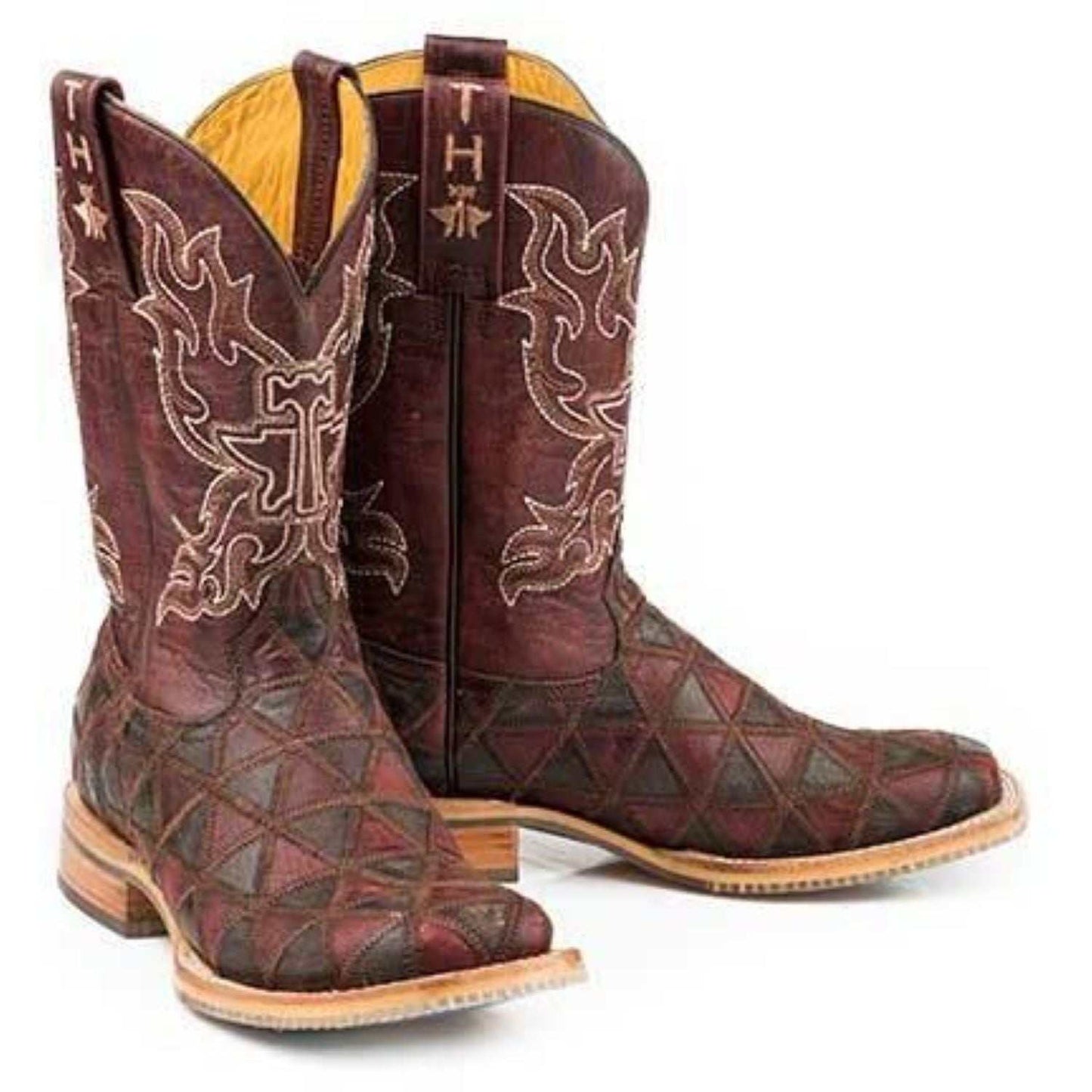 Women's Tin Haul burgundy handcrafted boots with colorful horse sole and distressed leather