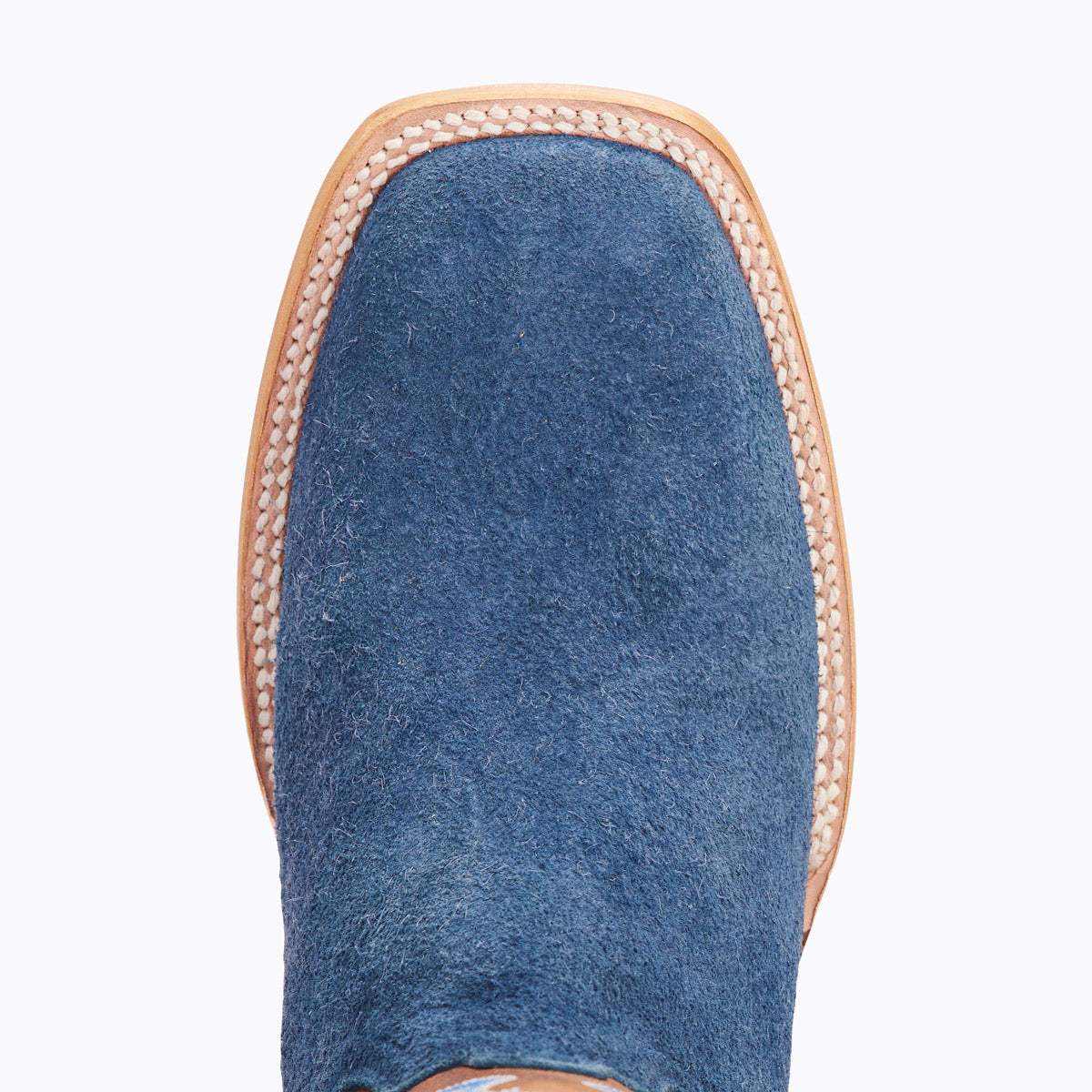 El Capitan Cisco - Front Street western boot in blue suede with a medium square toe and contrasting stitched welt