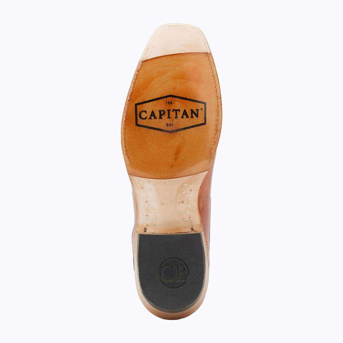 El Capitan Nashville - Orleans cowboy boot sole with tan leather, stitched welt, and black rubber heel featuring embossed branding