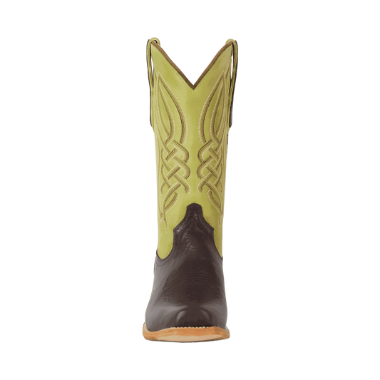 El Capitan Nashville - Tremont cowboy boot in dark brown leather with a lime green embroidered shaft and cutter toe