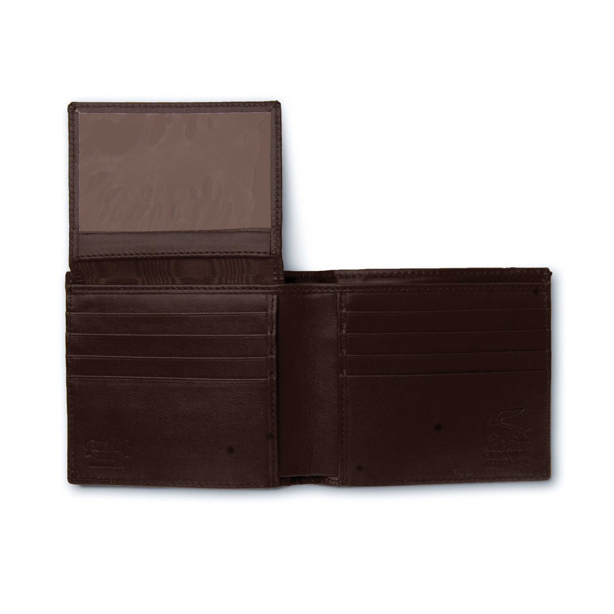 Ferrini Alligator Billfold Wallet in dark brown leather, open with a lighter nicotine alligator-skin panel and card slots.
