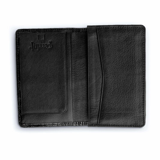 Ferrini Alligator Card Holder in black textured leather, open bifold design with stitched edges and card slots