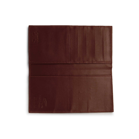 Ferrini Alligator Checkbook Cover in dark cognac brown leather, open with stitched card slots and a broad interior pocket