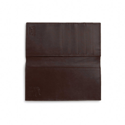 Ferrini Alligator Checkbook cover in dark brown leather, open design with card slots, stitched edges and embossed logo