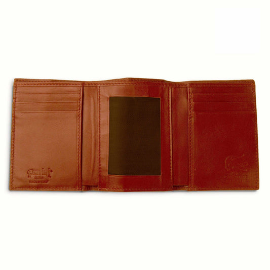 Ferrini Alligator Trifold Wallet in cognac brown leather with a textured finish, card slots and central ID window