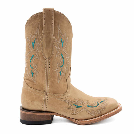 Ferrini Betsy Leather Boots in tan leather with turquoise embroidered detailing, square toe and low block heel