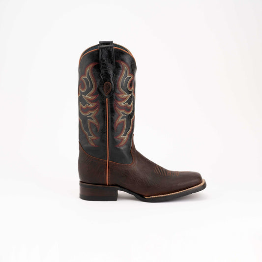 Ferrini Blaze Leather Boots in dark brown leather with ornate tan and orange flame stitching and a square toe