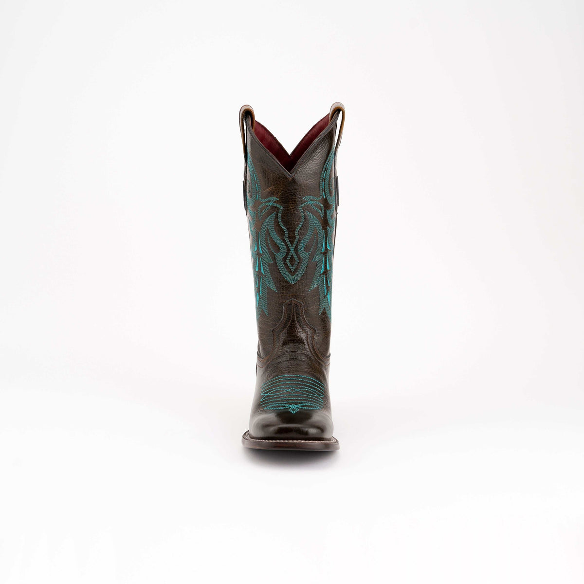 Ferrini Blaze Leather Boots in dark brown leather with vivid turquoise stitching, ornate shaft embroidery and square toe