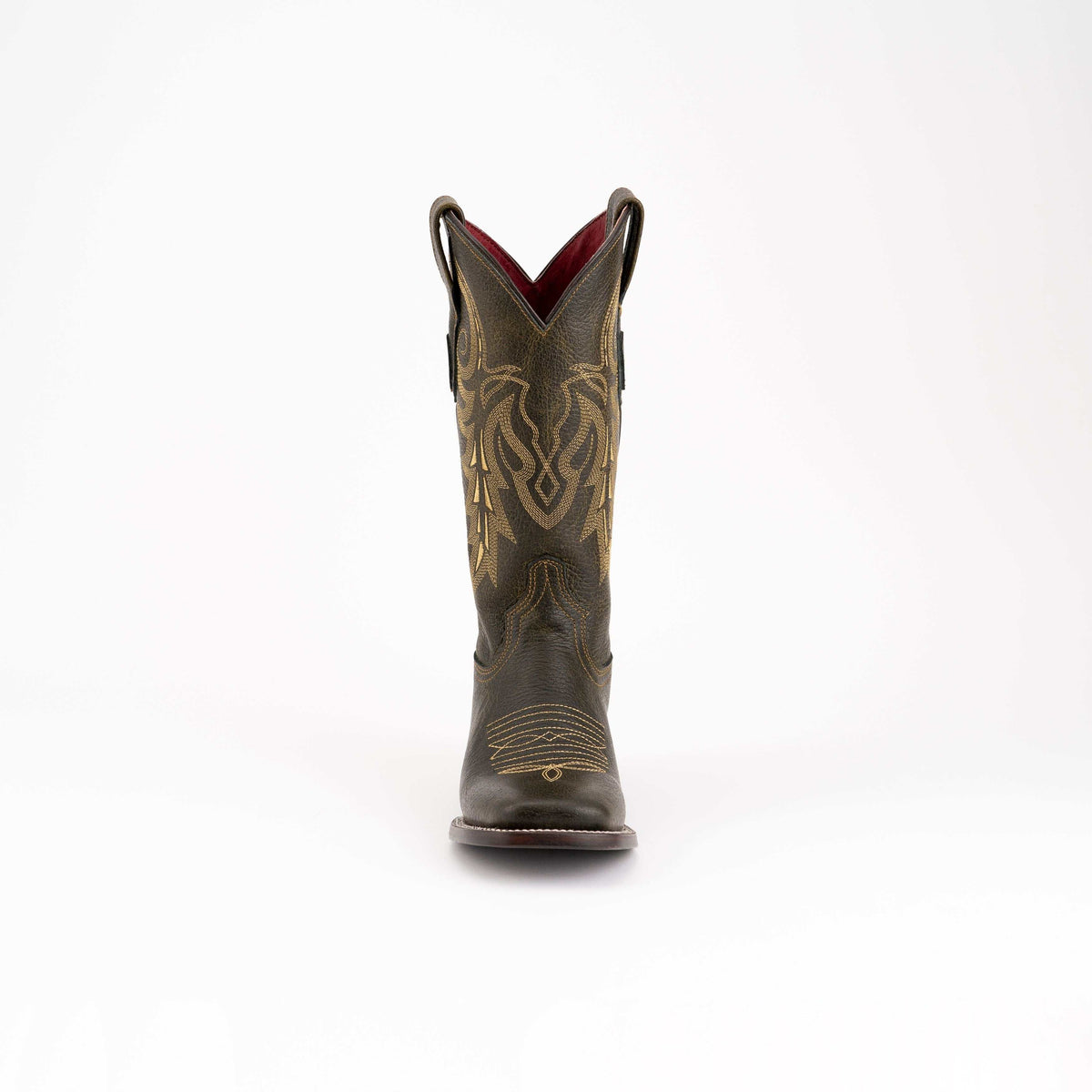 Ferrini Blaze Leather Boots in dark moss leather with ornate tan stitching, a square toe and contrasting red lining.