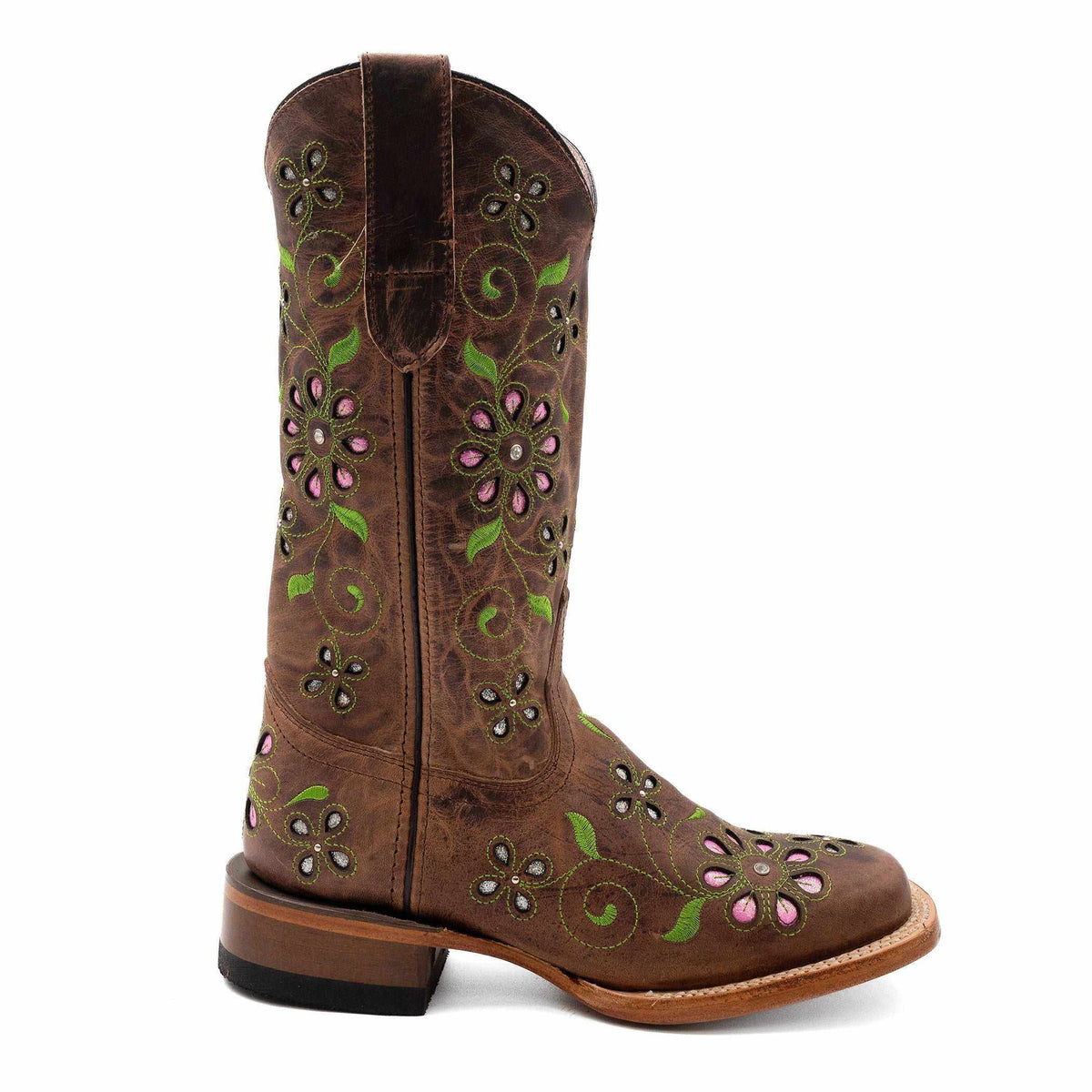Ferrini Blossom Leather Boots in brown leather with pink floral embroidery, green vines, decorative stitching and square toe