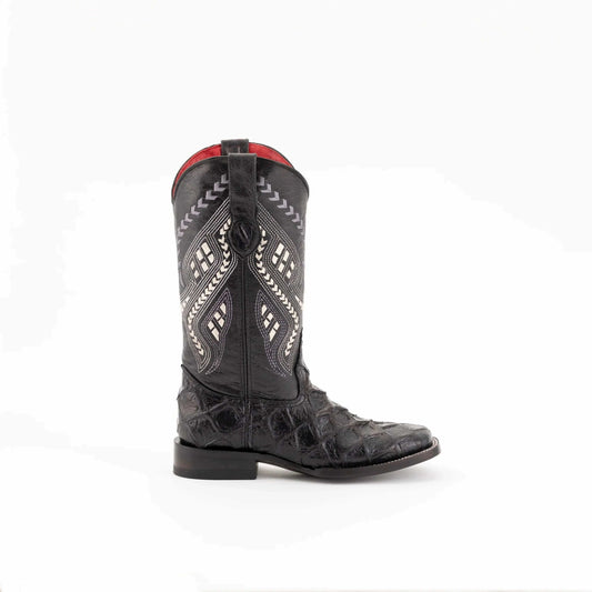 Ferrini Bronco Pirarucu western boot in black textured leather with patterned shaft stitching, square toe and low block heel