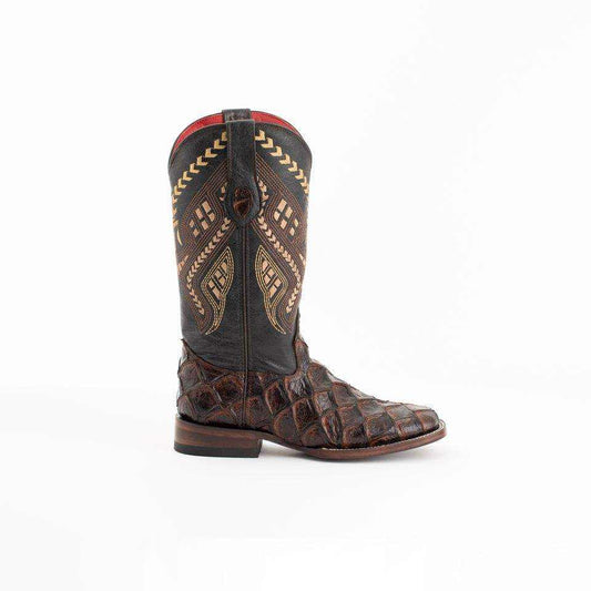 Ferrini Bronco Pirarucu Print Boots in chocolate brown leather with textured pirarucu-print vamp and embroidered shaft