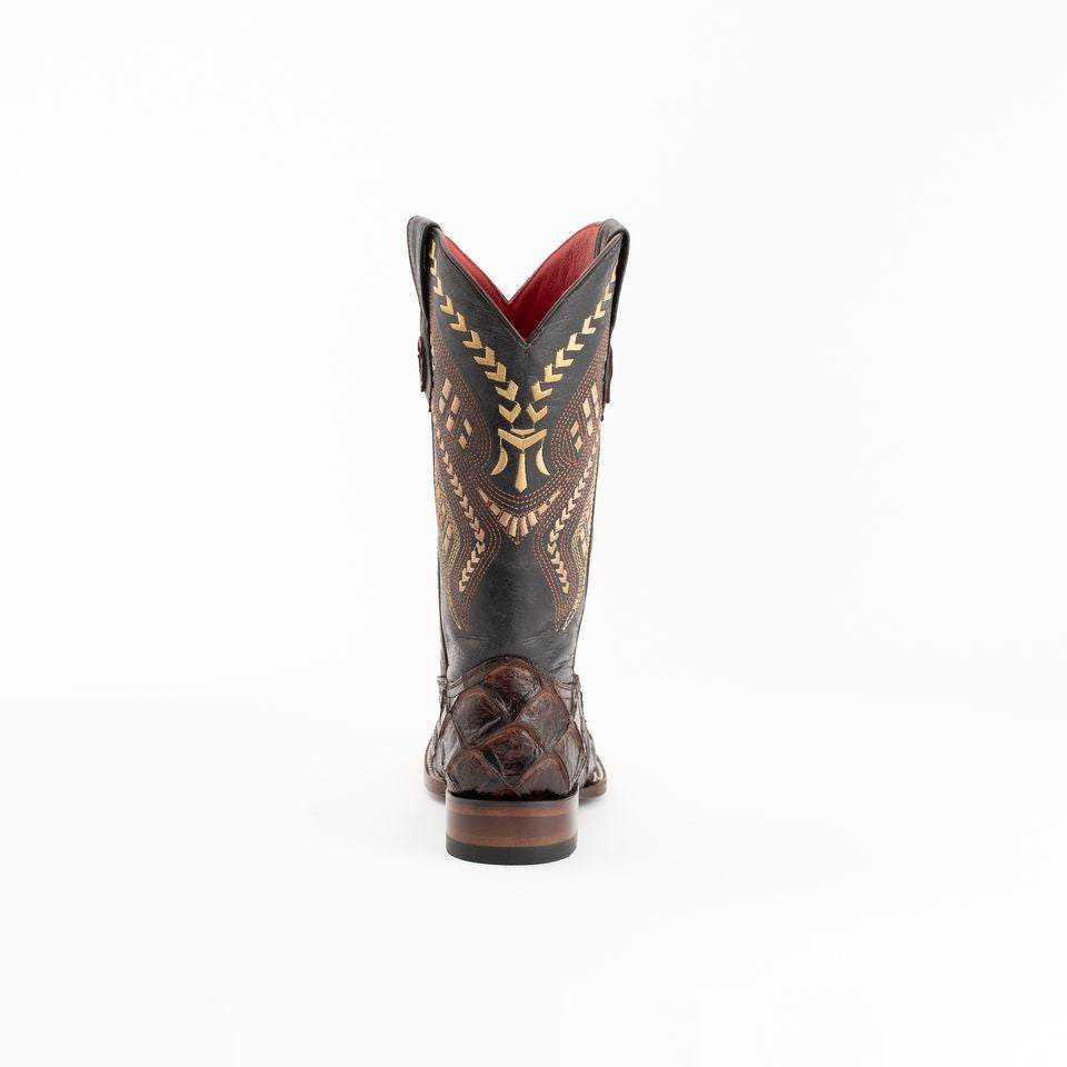 Ferrini Bronco Pirarucu Print Boots in dark chocolate leather with ornate tan stitching and textured scales