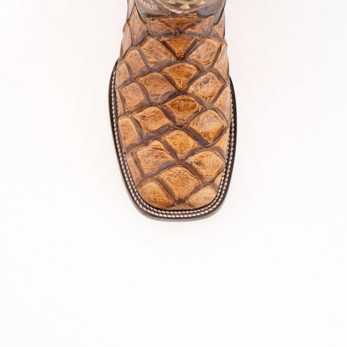 Ferrini Bronco Pirarucu Print Boots in warm cigar brown leather with a textured scale pattern and stitched square toe