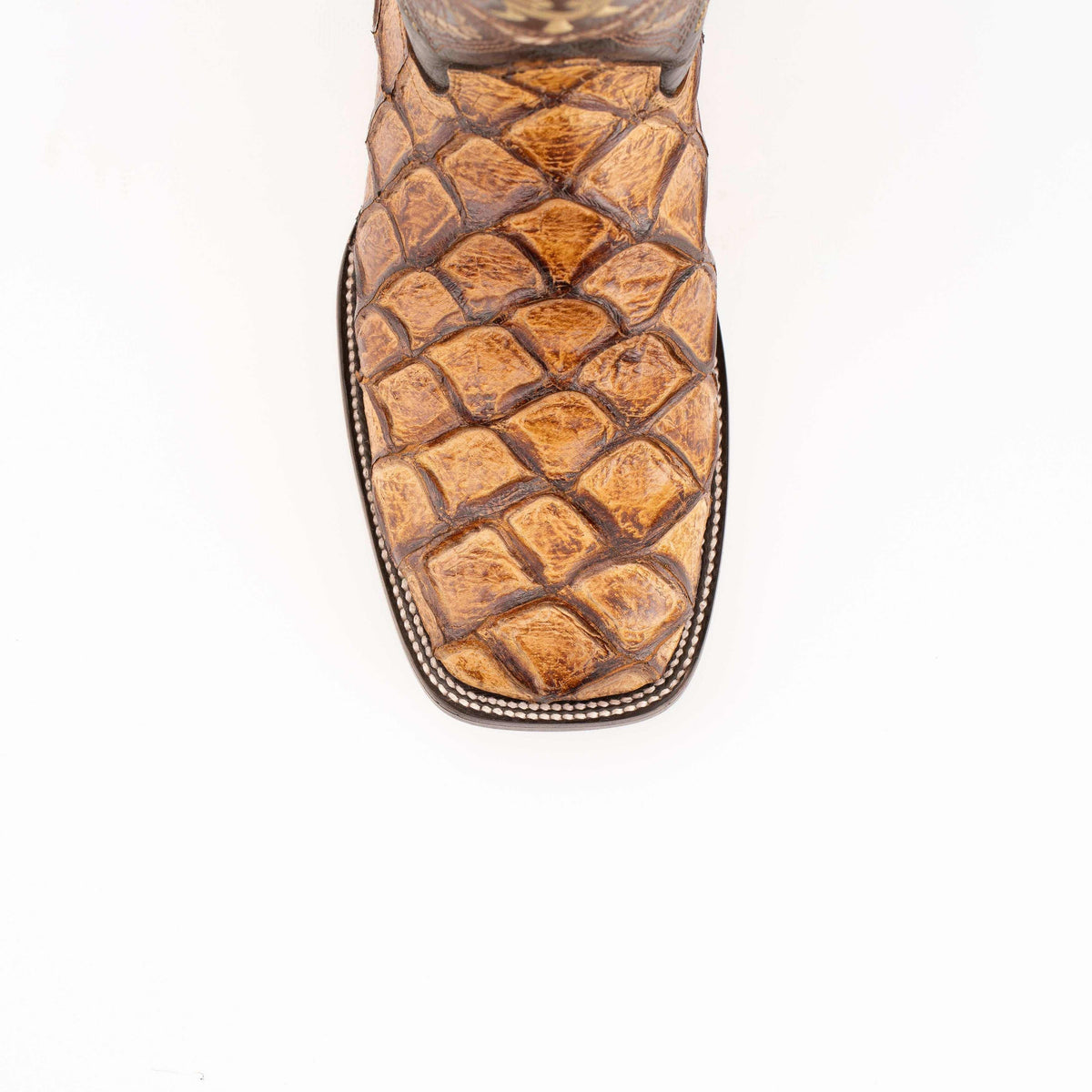 Ferrini Bronco Pirarucu Print Boots in cigar brown leather, featuring textured fish-scale print and a square toe