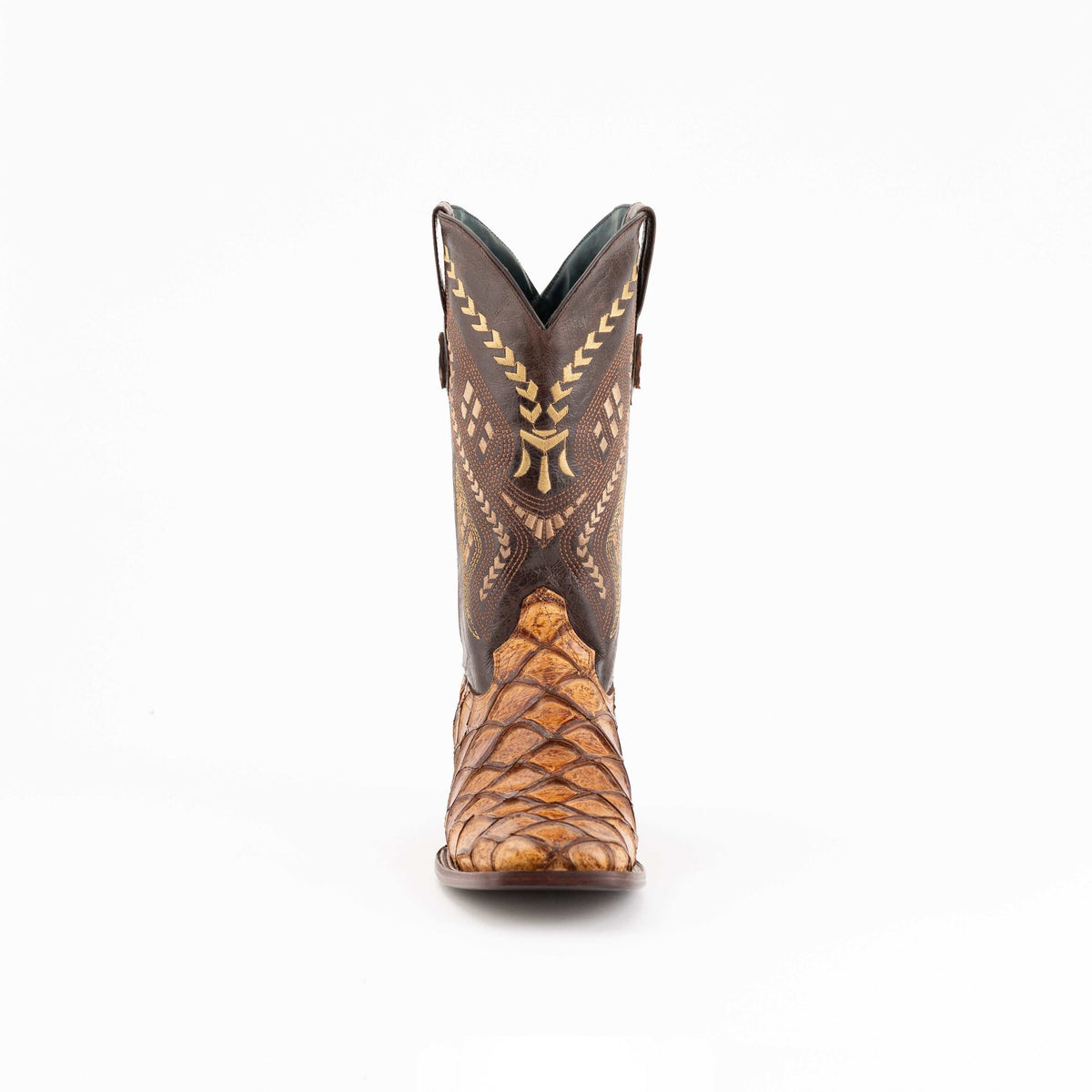 Ferrini Bronco Pirarucu Print Boots in cigar brown leather, with textured scale-print vamp and embroidered tall shaft