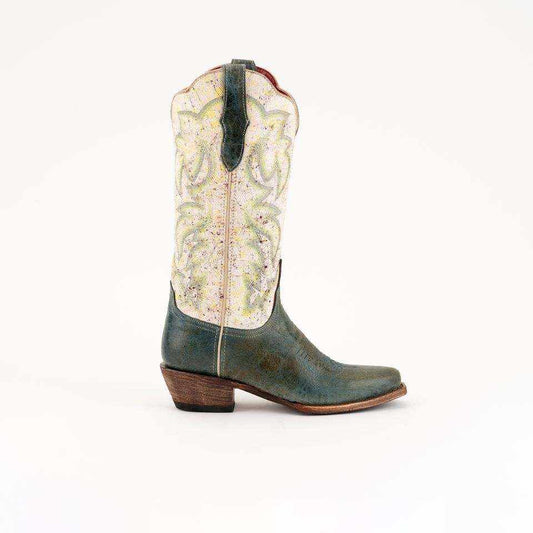 Ferrini Candy Leather Boots in teal leather with a cream floral embroidered shaft, snip toe and low cowboy heel