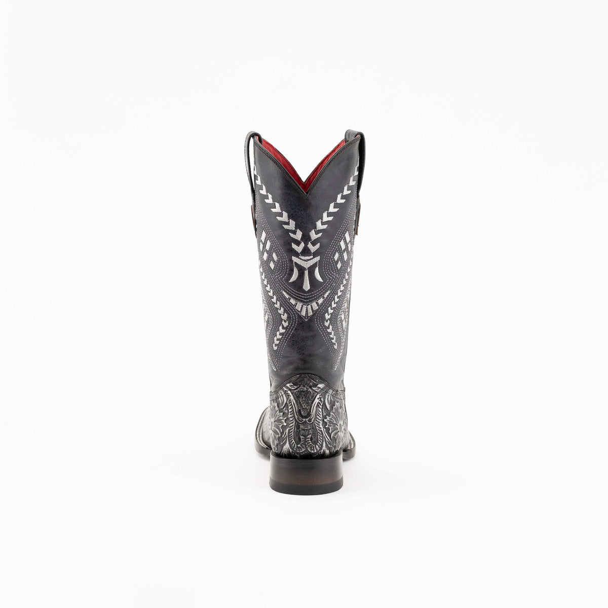 Ferrini Cleopatra Leather Boots in black leather with ornate white stitching, a V-cut topline and patterned heel