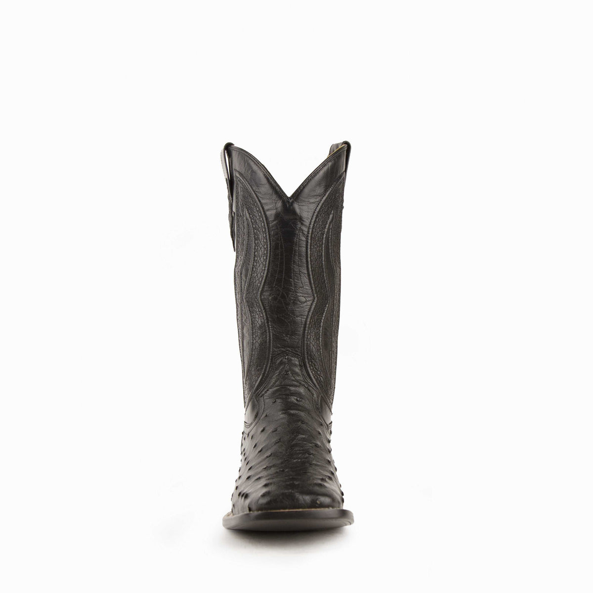 Ferrini Colt Full Quill Ostrich Boots in black leather, shown from the rear with textured quill vamp and stitched shaft
