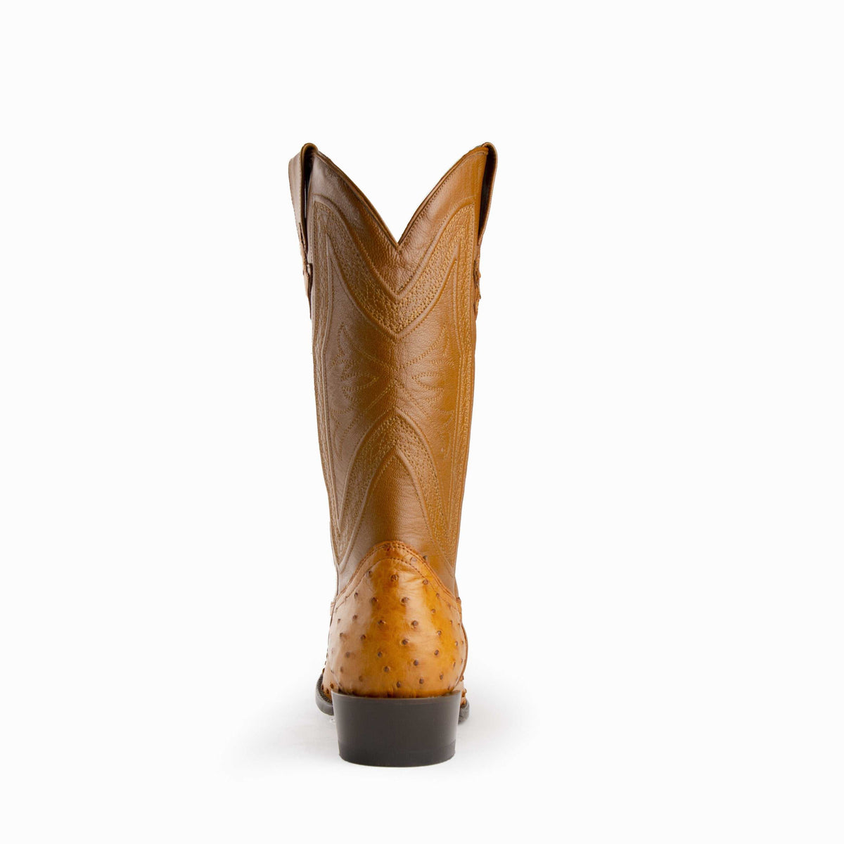 Ferrini Colt Full Quill Ostrich Boots in cognac leather, showing a quill-textured vamp, stitched shaft and dark heel