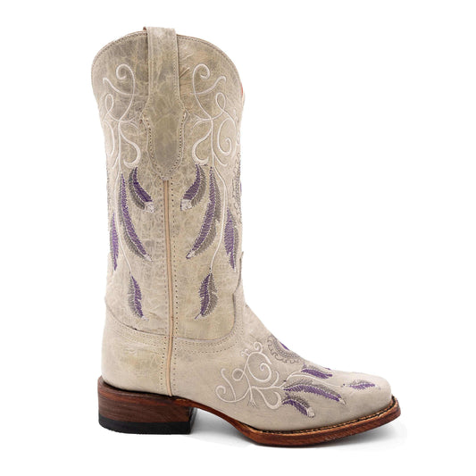 Ferrini Dreamer Leather Boots in pale clay leather with purple and cream stitching, tall shaft and square toe