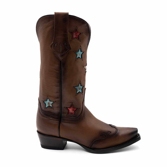 Ferrini Estrella Leather Boots in brown leather, featuring a snip toe and colorful embroidered star accents