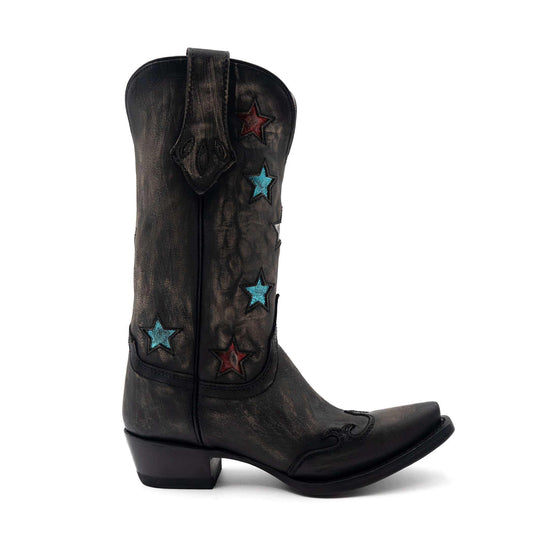 Ferrini Estrella Leather Boots in distressed charcoal leather with colorful star embroidery and a snip toe