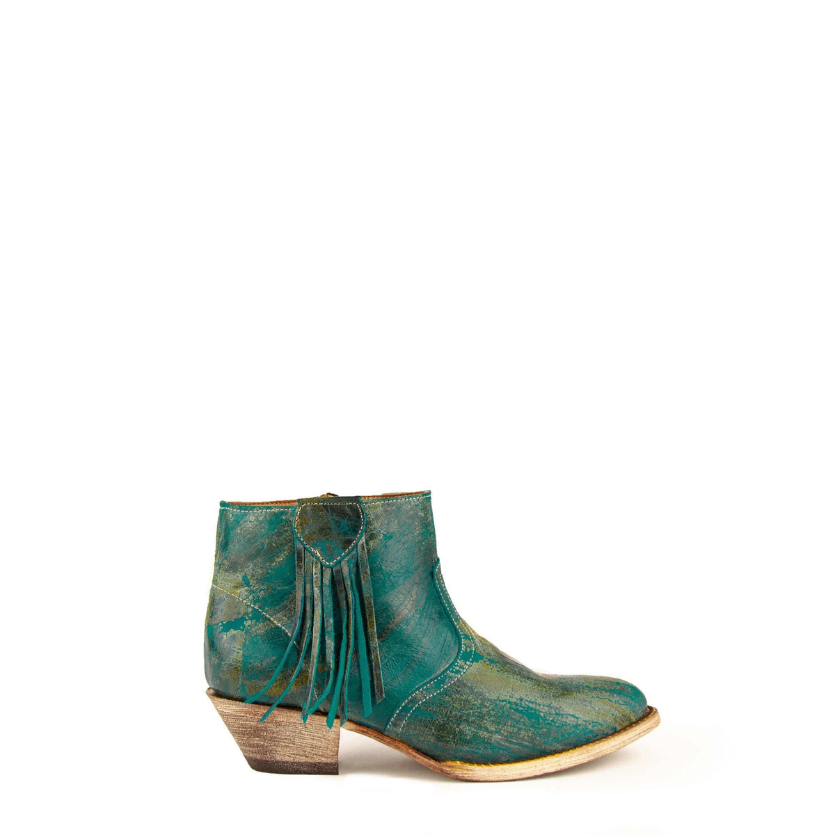 Ferrini Fringe Leather Boots in distressed turquoise leather, featuring a pointed toe, stacked heel and long side fringe.