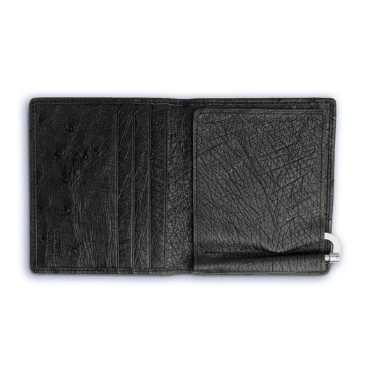 Ferrini Full Quill Ostrich money clip in black textured leather with stitched card slots and a silver-tone clip