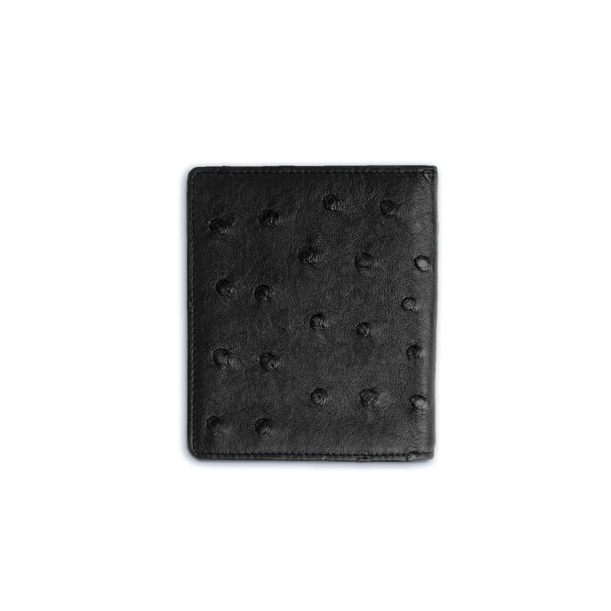 Money clip in black full quill ostrich leather with distinctive raised quill bumps and stitched edges, Ferrini Full Quill Ostrich