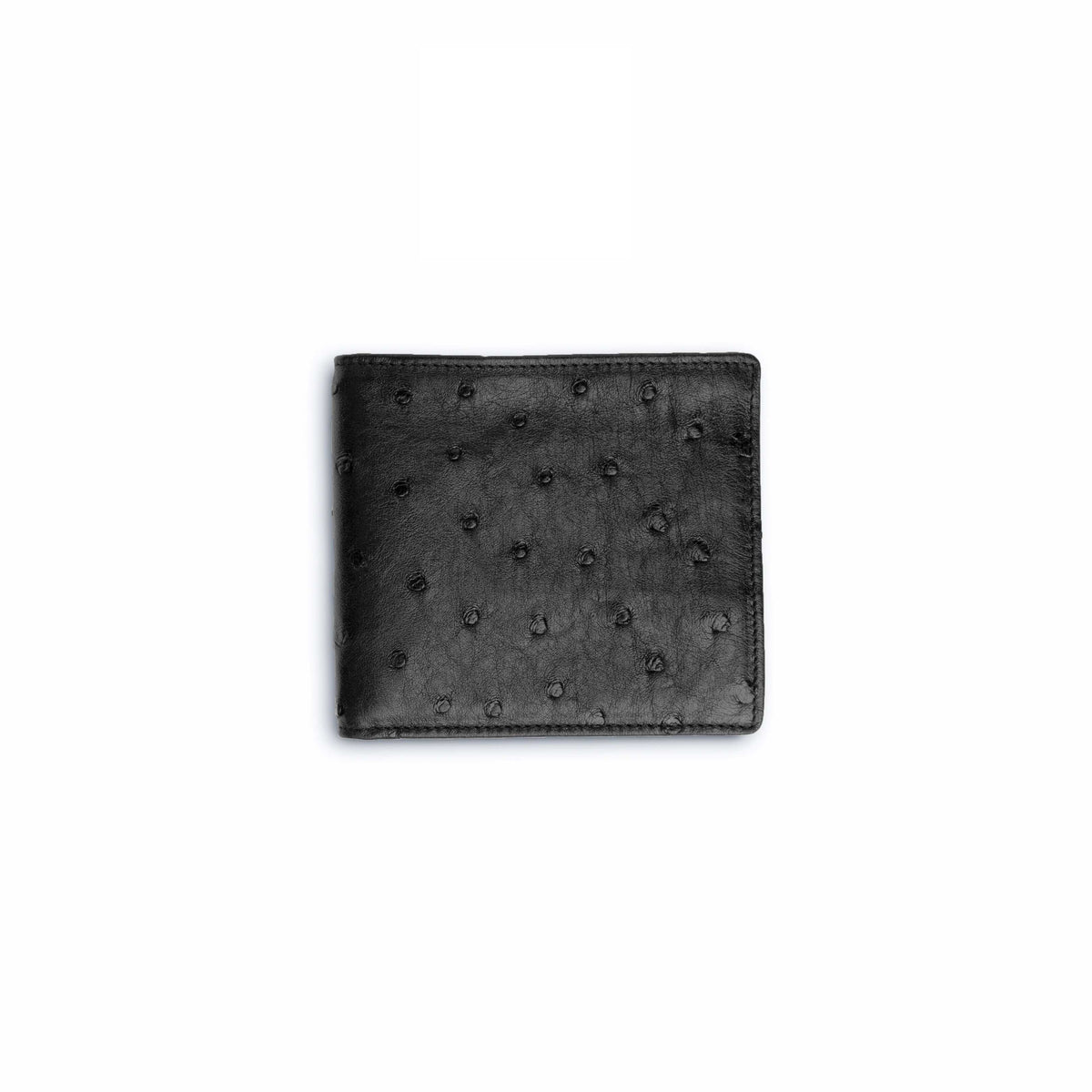 Black Ferrini Full Quill Ostrich hipster wallet in genuine ostrich leather, with distinctive raised quill pattern and stitched edges