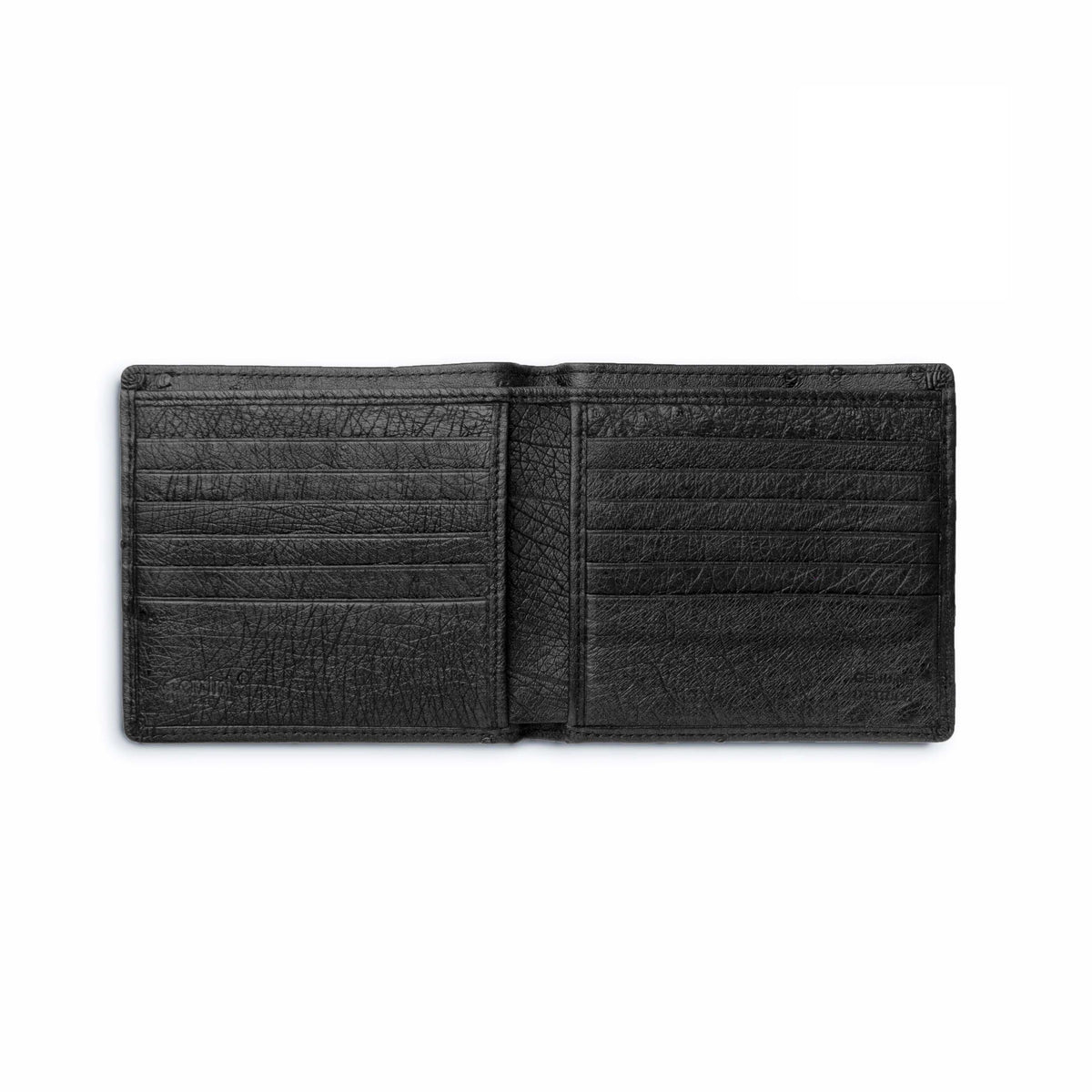 Black Ferrini Full Quill Ostrich wallet in textured genuine ostrich leather, open to show multiple horizontal card slots.