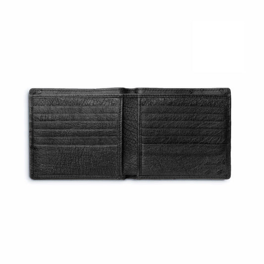 Black Ferrini Full Quill Ostrich wallet in textured genuine ostrich leather, open to show multiple horizontal card slots.