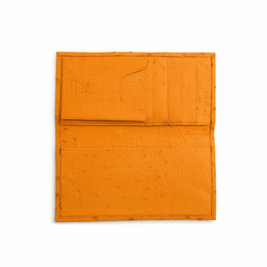Ferrini Full Quill Ostrich checkbook cover in bright buttercup orange leather, open with stitched card slots and quill texture