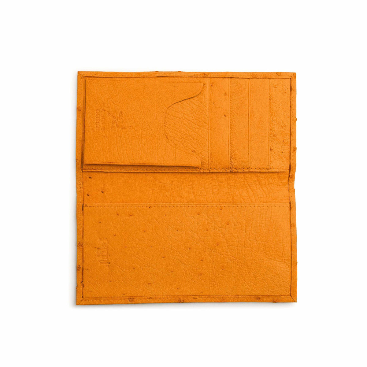 Ferrini Full Quill Ostrich checkbook cover in bright buttercup orange leather, open with stitched card slots and quill texture