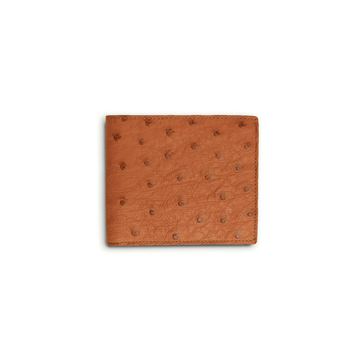 Billfold in cognac full quill ostrich leather with raised quill markings, stitched edges and a folded rectangular shape.