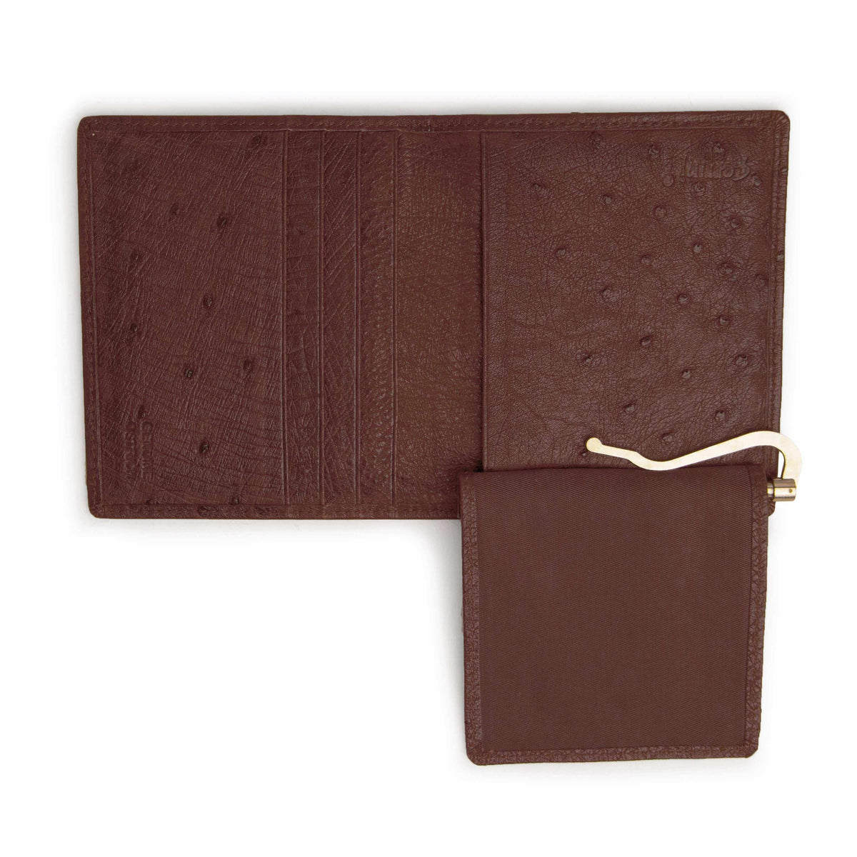 Ferrini Full Quill Ostrich money clip in dark brown leather with quilled texture and a gold-tone metal clip