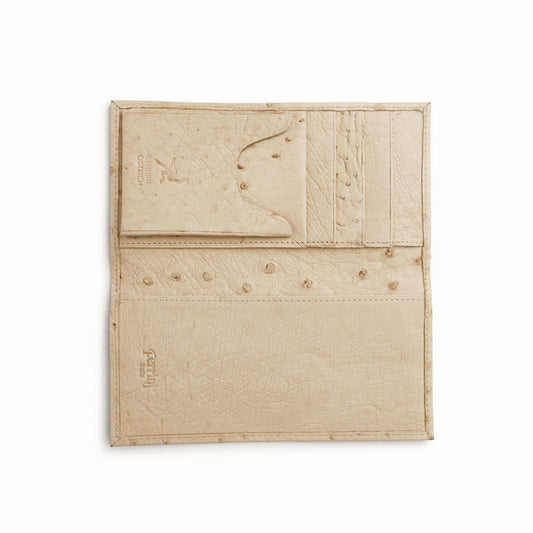 Ferrini Full Quill Ostrich checkbook cover in pale winter white leather, with quill bumps, stitched panels and card slots